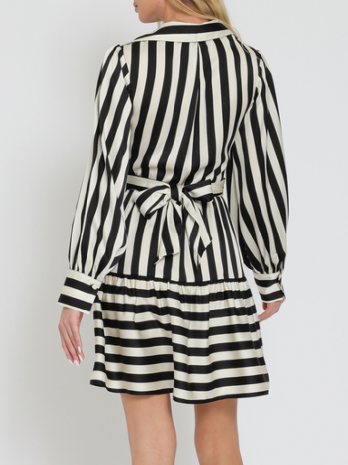 Long Sleeve Tie Front Stripe Mini Dress