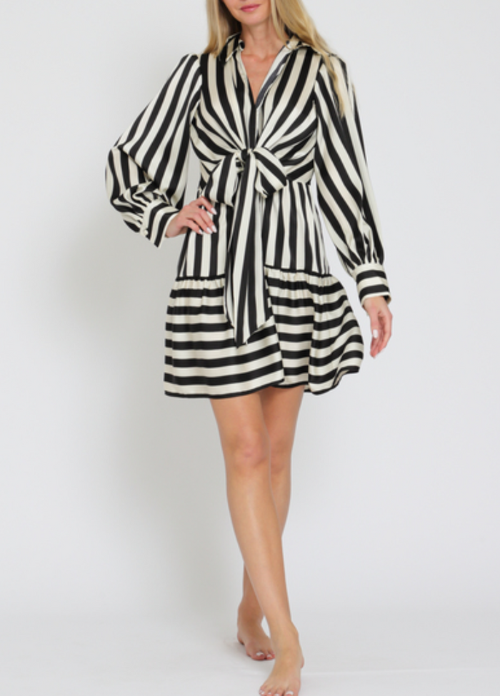 Long Sleeve Tie Front Stripe Mini Dress