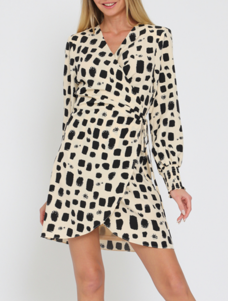 Shoulder Pad Long Sleeve Wrap Mini Dress