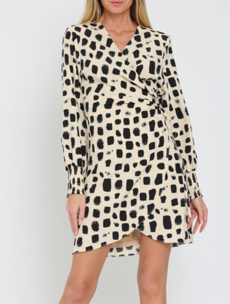 Shoulder Pad Long Sleeve Wrap Mini Dress