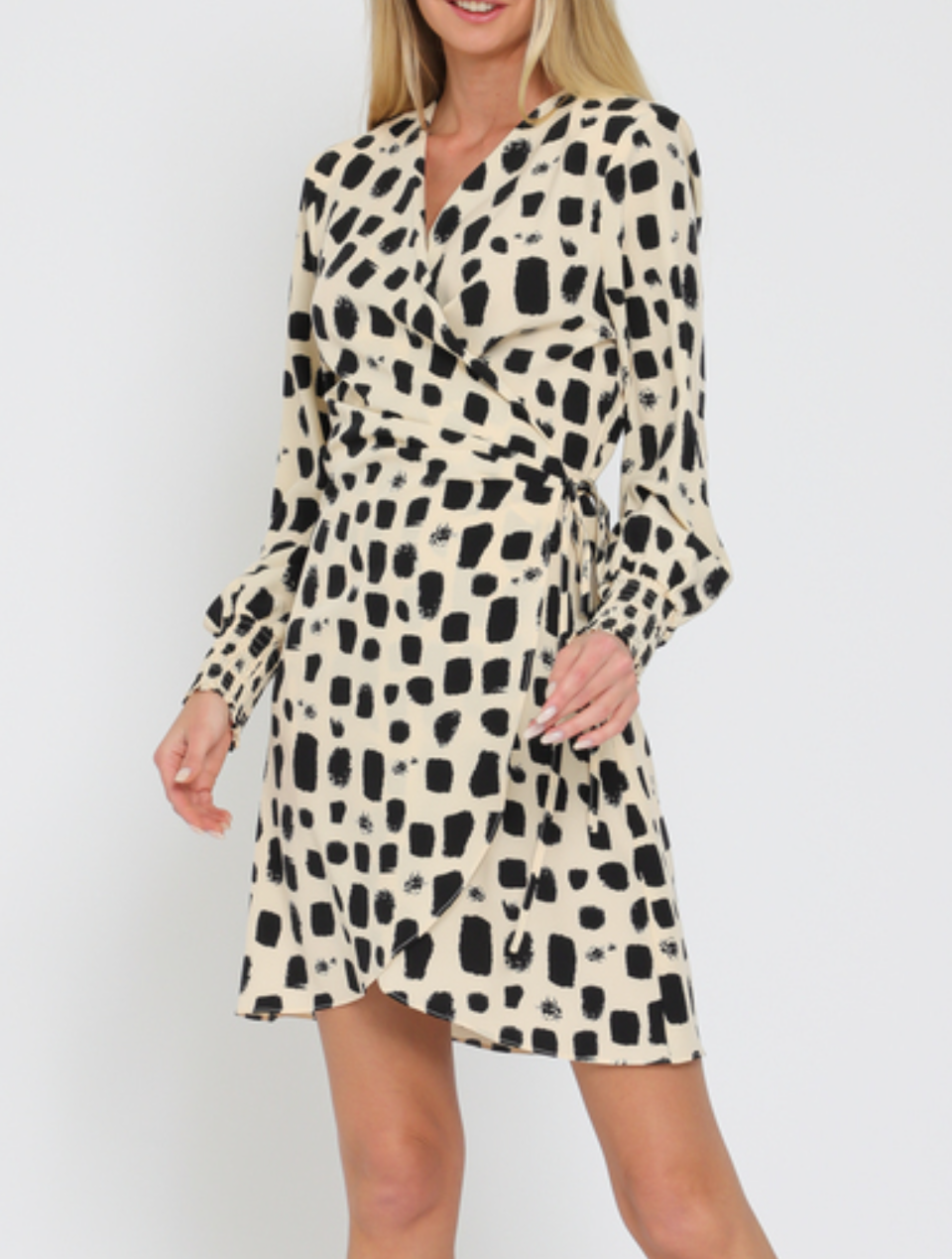 Shoulder Pad Long Sleeve Wrap Mini Dress