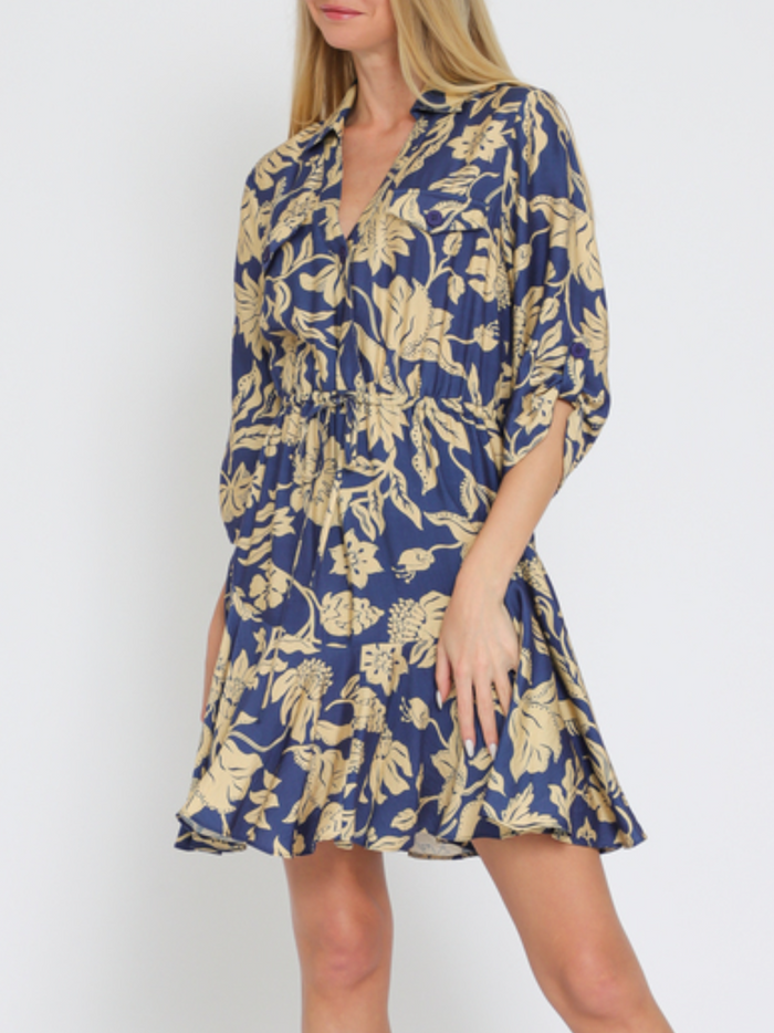 3/4 Roll-Up Sleeve Button-Down Tie Golden Floral Mini Dress