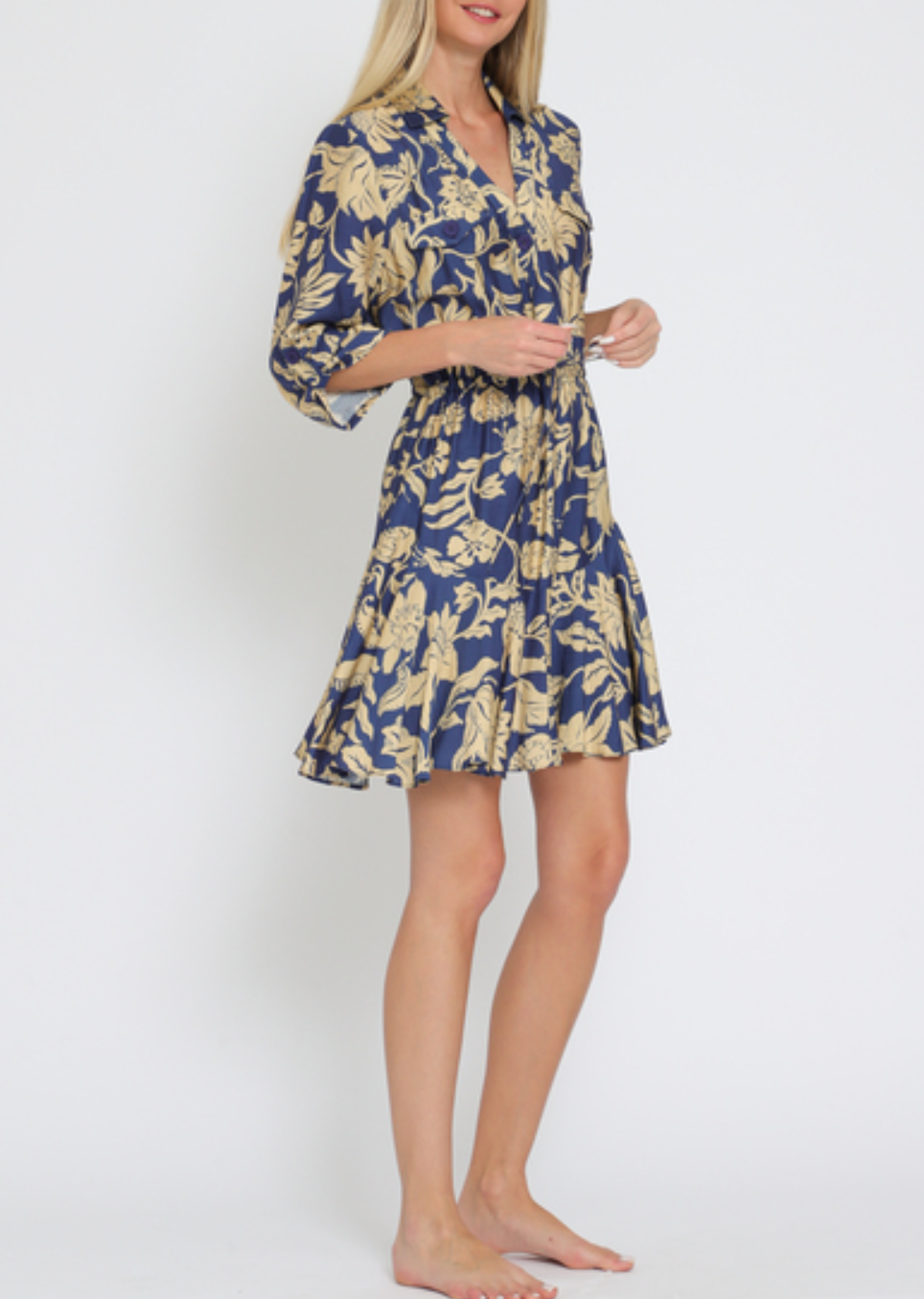 3/4 Roll-Up Sleeve Button-Down Tie Golden Floral Mini Dress