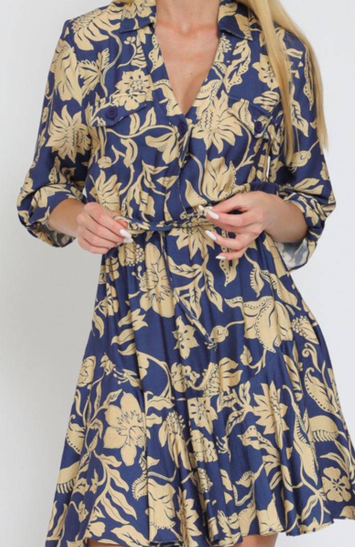 3/4 Roll-Up Sleeve Button-Down Tie Golden Floral Mini Dress