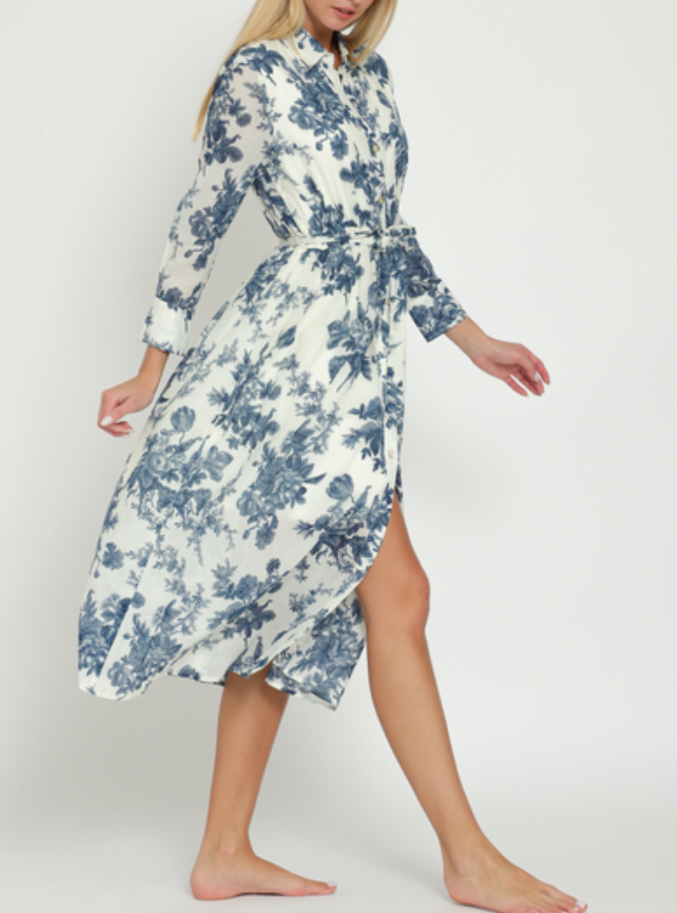 Long Sleeve Belted Button-Down Floral Midi Dress