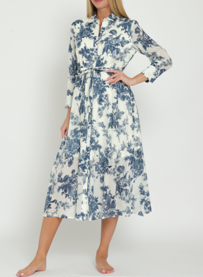 Long Sleeve Belted Button-Down Floral Midi Dress