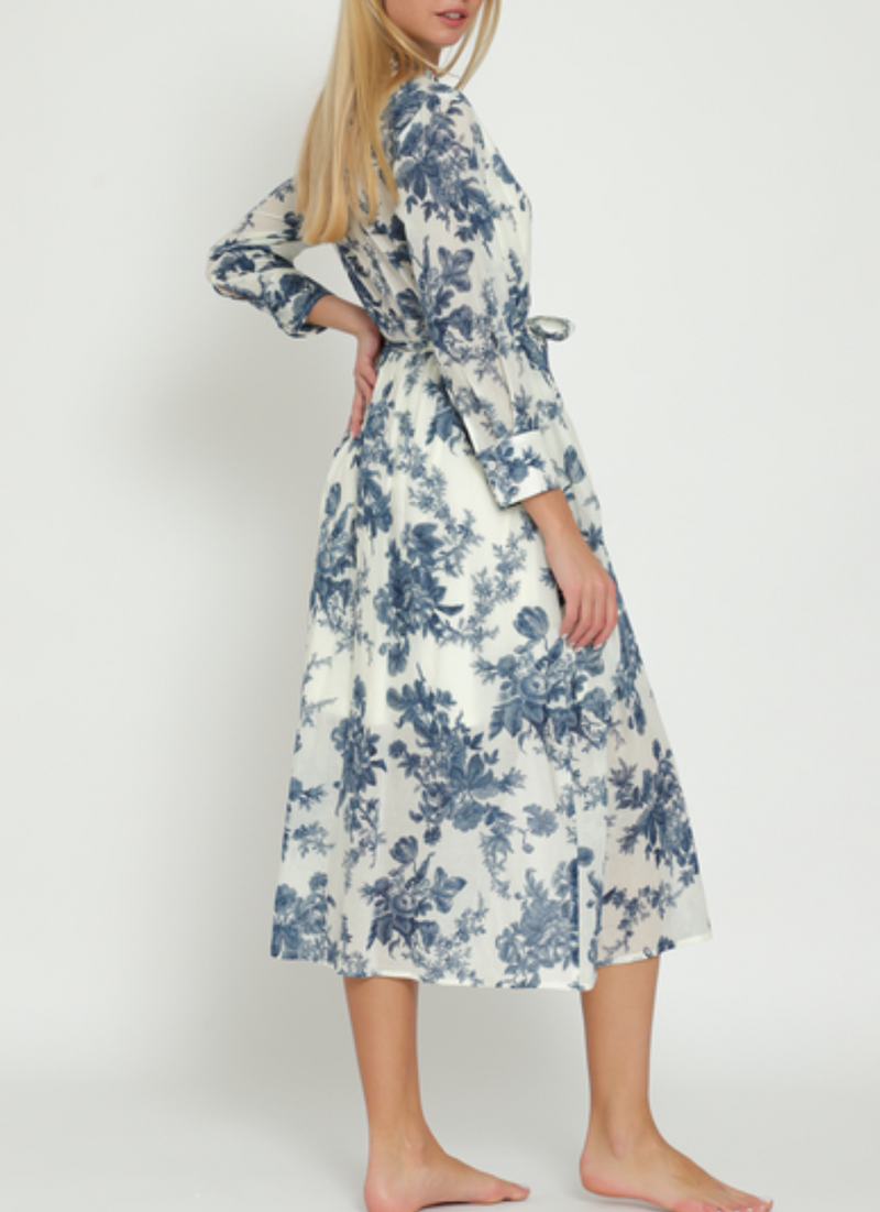 Long Sleeve Belted Button-Down Floral Midi Dress