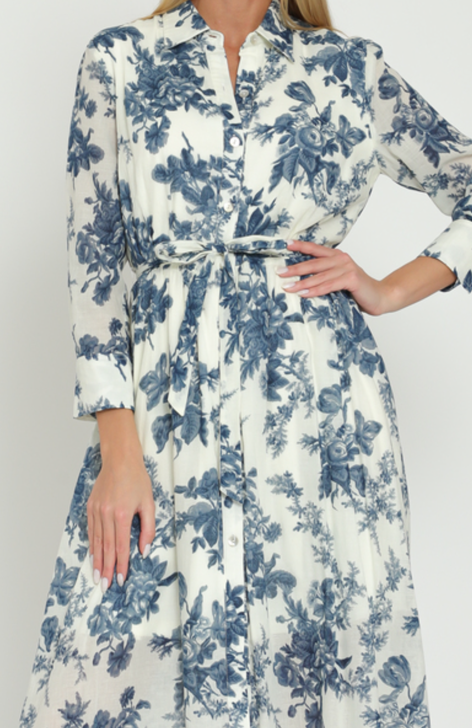 Long Sleeve Belted Button-Down Floral Midi Dress – Azure & Lavender