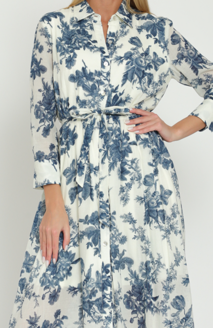 Long Sleeve Belted Button-Down Floral Midi Dress