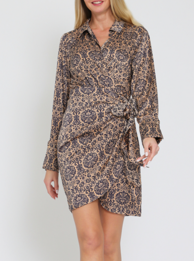 Long Sleeve Button Down Front Wrap Mini Dress