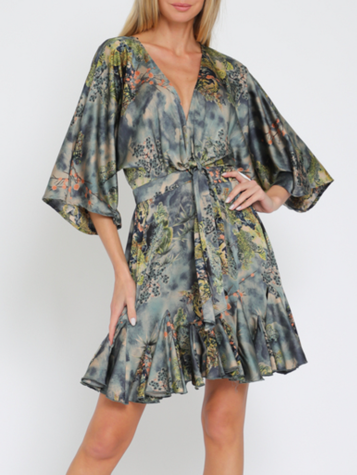 Kimono Sleeve Elastic Back Waisted Mini Dress