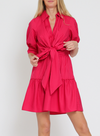 Elbow Sleeve Tie Front Waisted Stripe Mini Dress