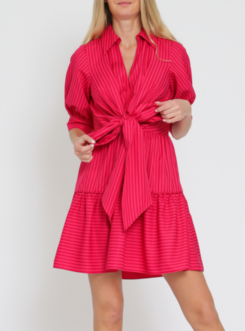 Elbow Sleeve Tie Front Waisted Stripe Mini Dress