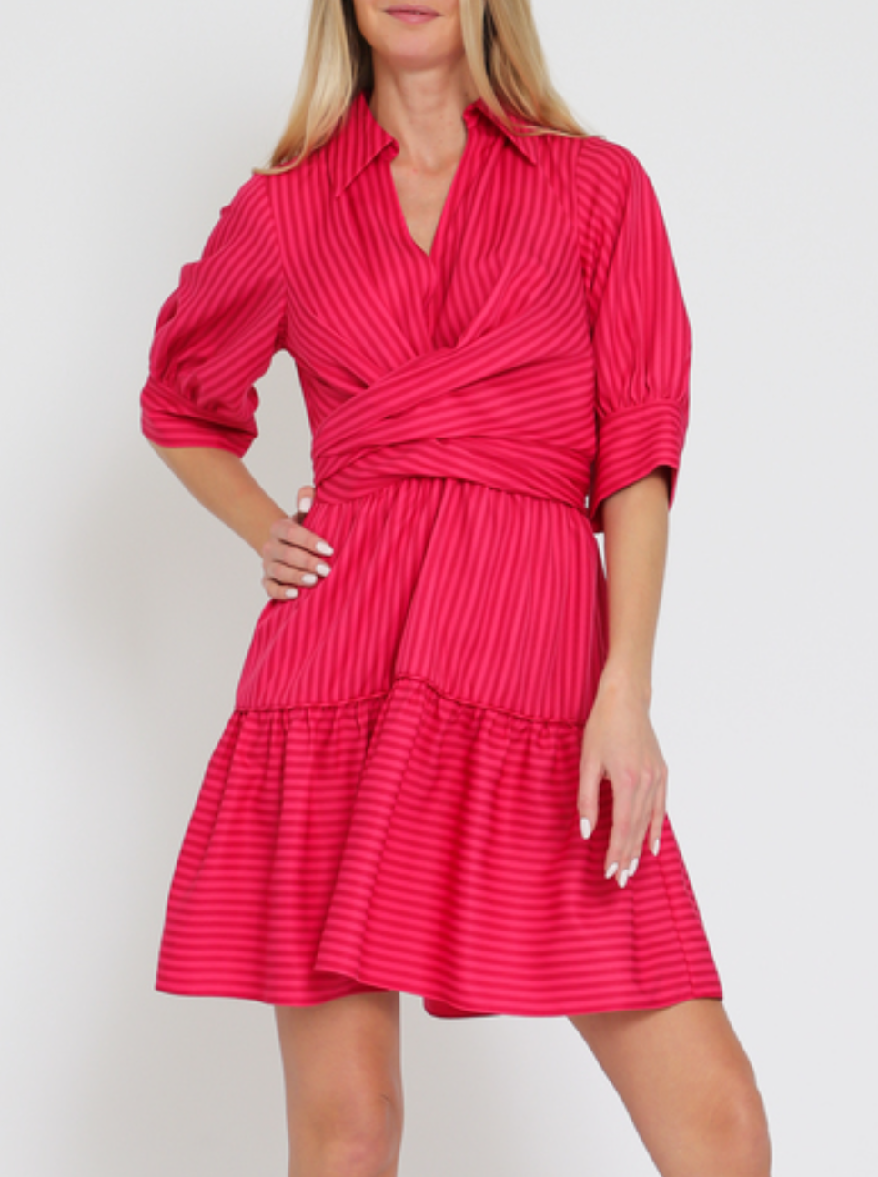 Elbow Sleeve Tie Front Waisted Stripe Mini Dress