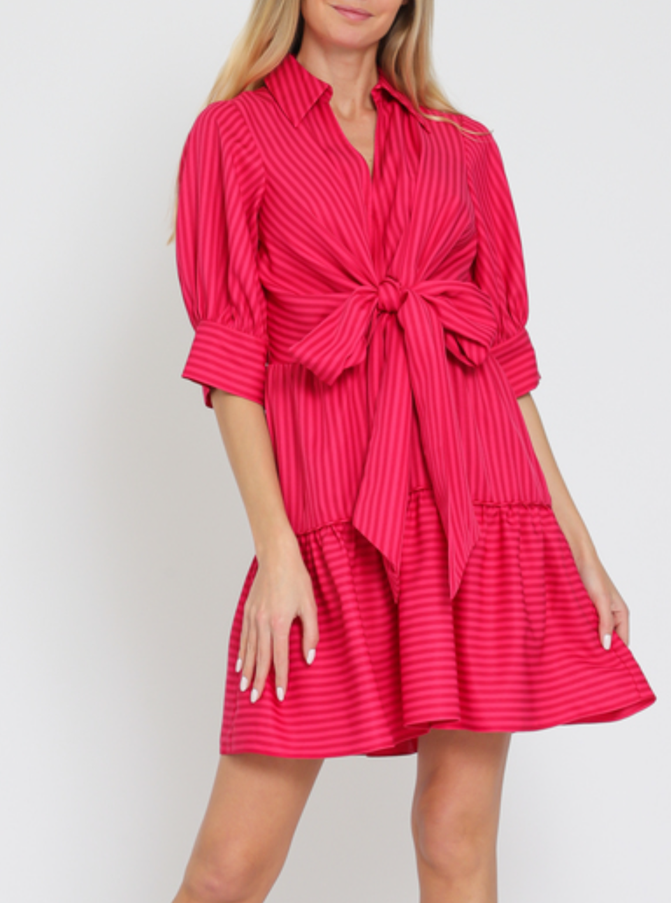 Elbow Sleeve Tie Front Waisted Stripe Mini Dress