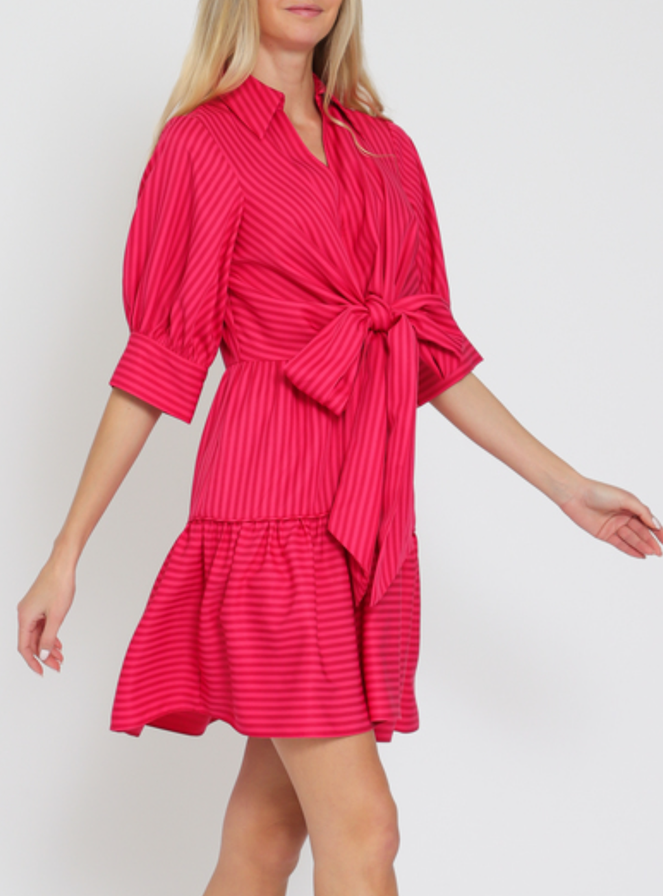 Elbow Sleeve Tie Front Waisted Stripe Mini Dress