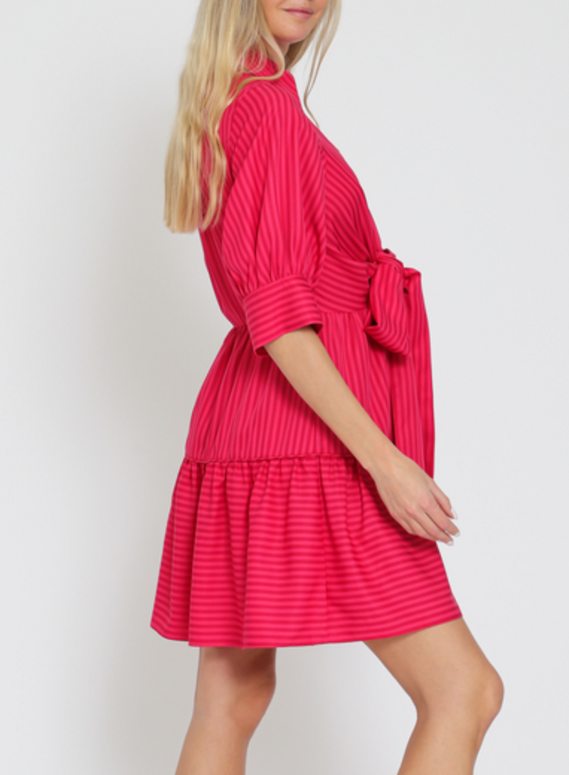 Elbow Sleeve Tie Front Waisted Stripe Mini Dress