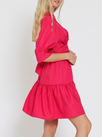 Elbow Sleeve Tie Front Waisted Stripe Mini Dress