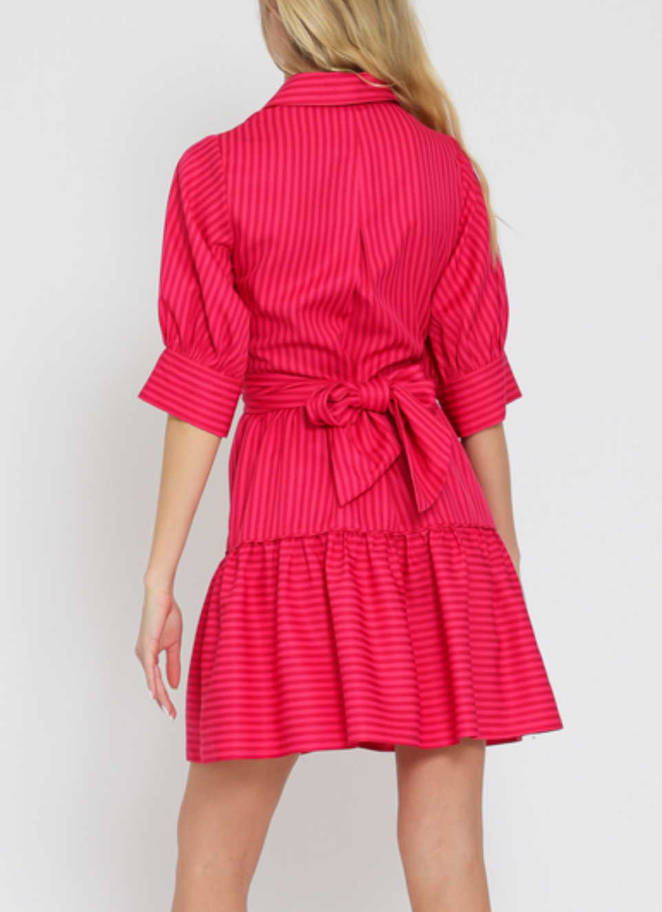 Elbow Sleeve Tie Front Waisted Stripe Mini Dress