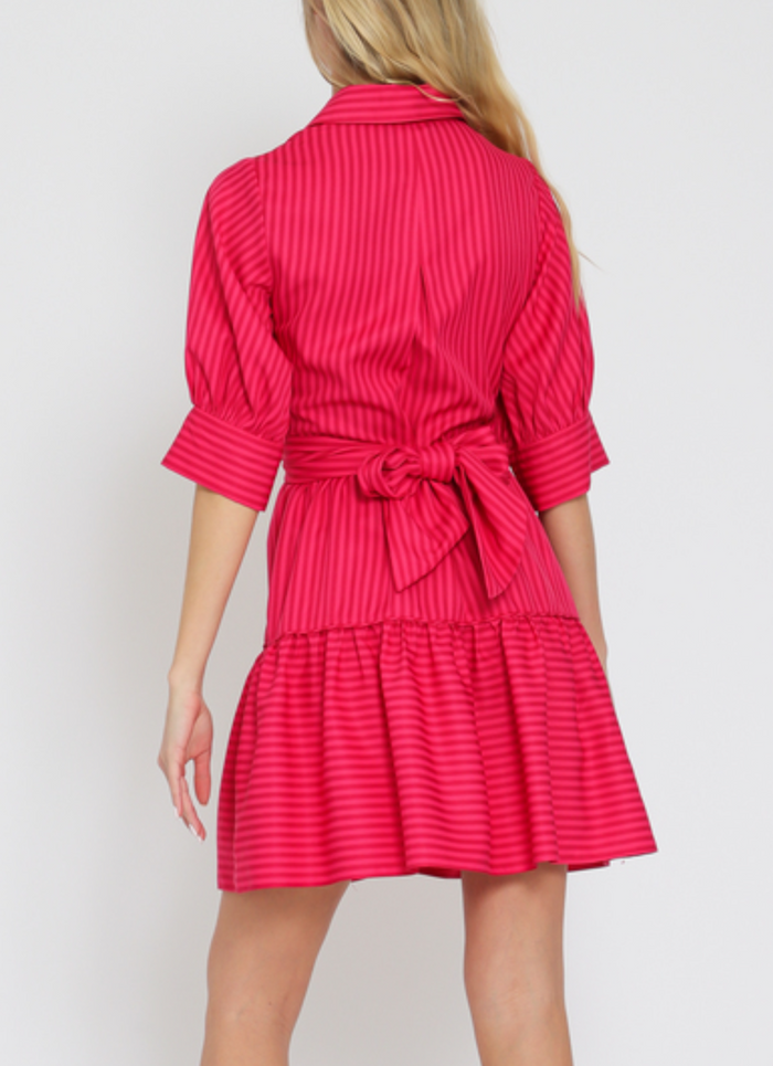 Elbow Sleeve Tie Front Waisted Stripe Mini Dress