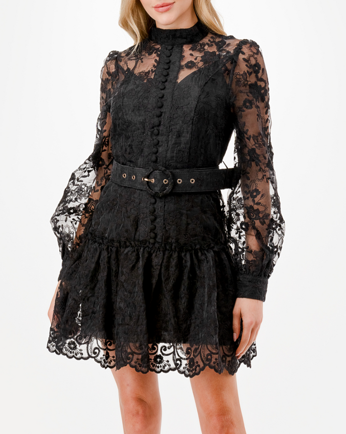 Long Sleeve Floral Embroidery Detail Short Dress