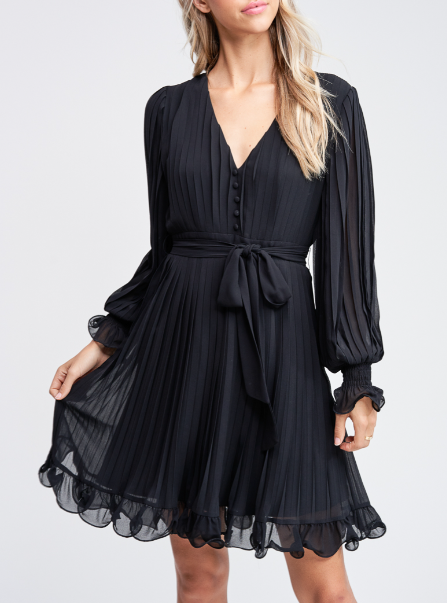 Long Sleeve Pleated Detail Ruffle Mini Dress