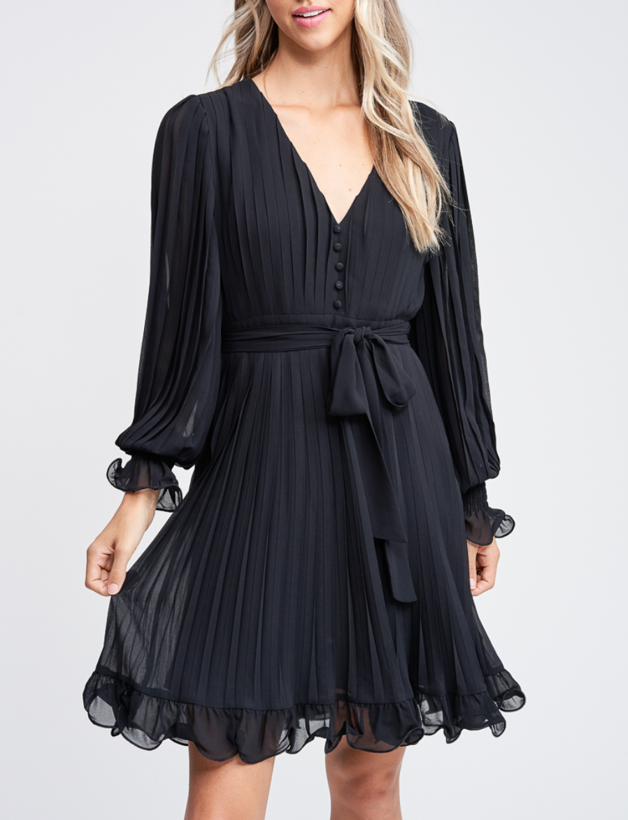 Long Sleeve Pleated Detail Ruffle Mini Dress