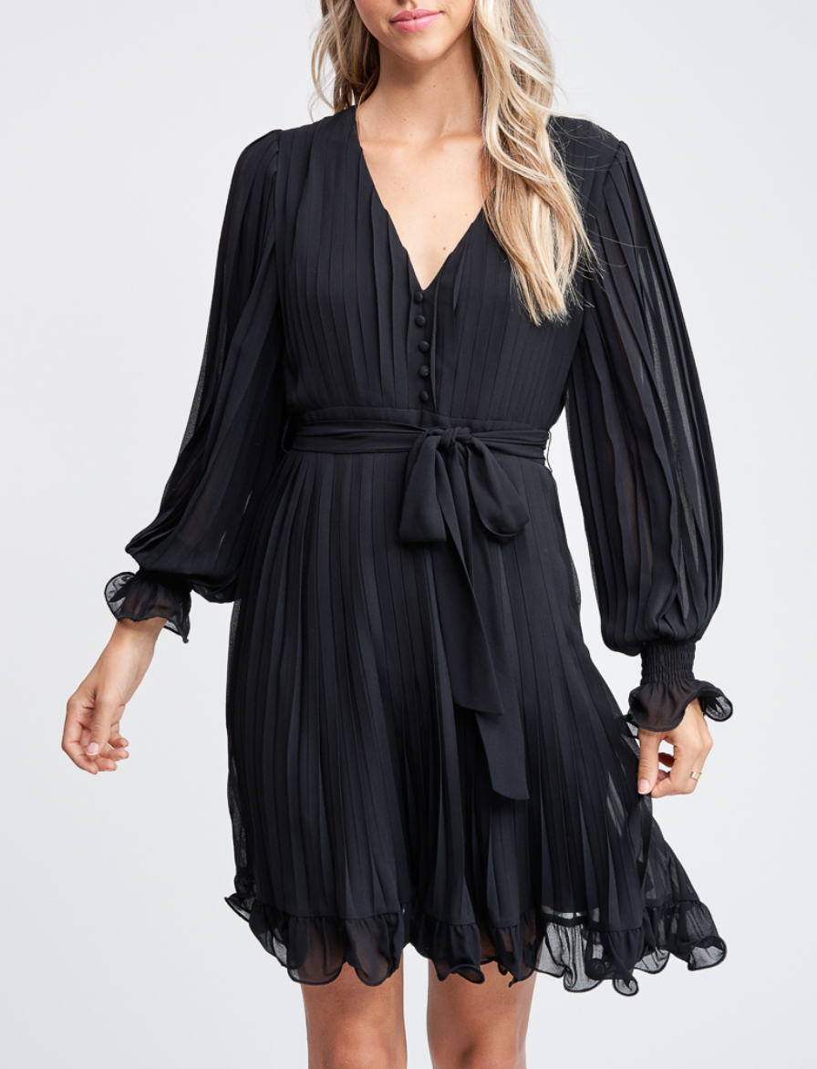 Long Sleeve Pleated Detail Ruffle Mini Dress