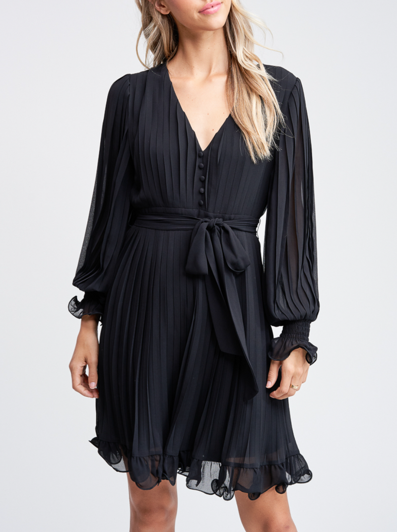 Long Sleeve Pleated Detail Ruffle Mini Dress