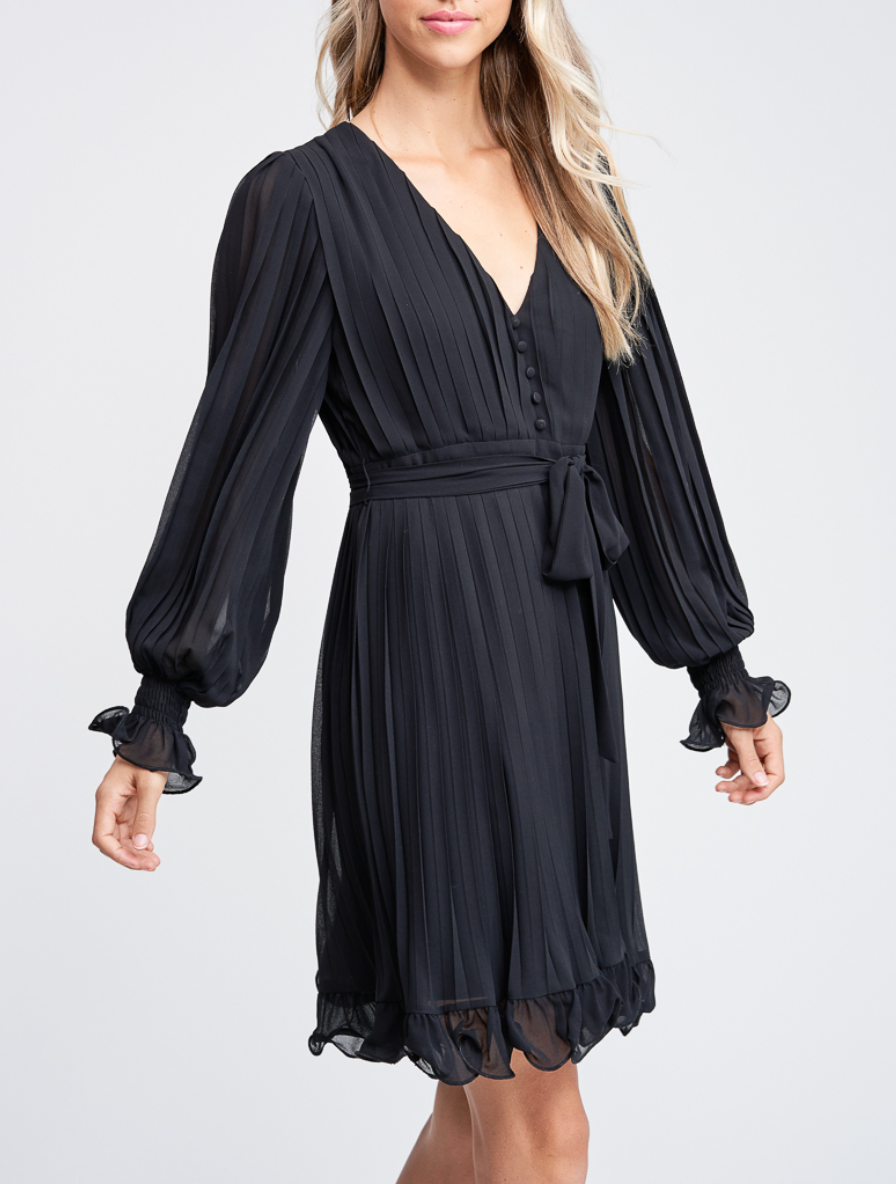 Long Sleeve Pleated Detail Ruffle Mini Dress