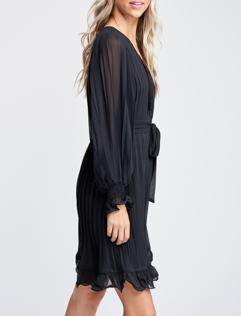 Long Sleeve Pleated Detail Ruffle Mini Dress