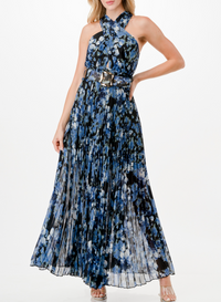 Cross Halter Floral Print Pleated Maxi Dress with Belt and Keyhole Detail, Smocked Waist