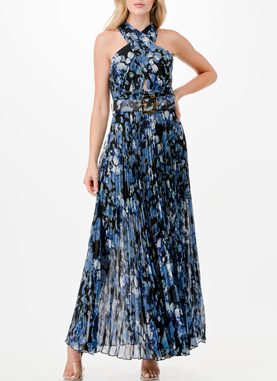 Cross Halter Floral Print Pleated Maxi Dress with Belt and Keyhole Detail, Smocked Waist