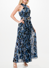 Cross Halter Floral Print Pleated Maxi Dress with Belt and Keyhole Detail, Smocked Waist