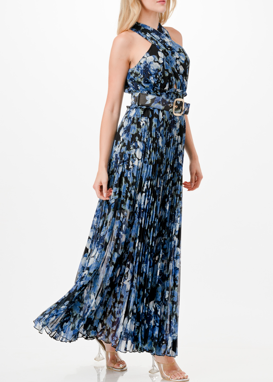 Cross Halter Floral Print Pleated Maxi Dress with Belt and Keyhole Detail, Smocked Waist