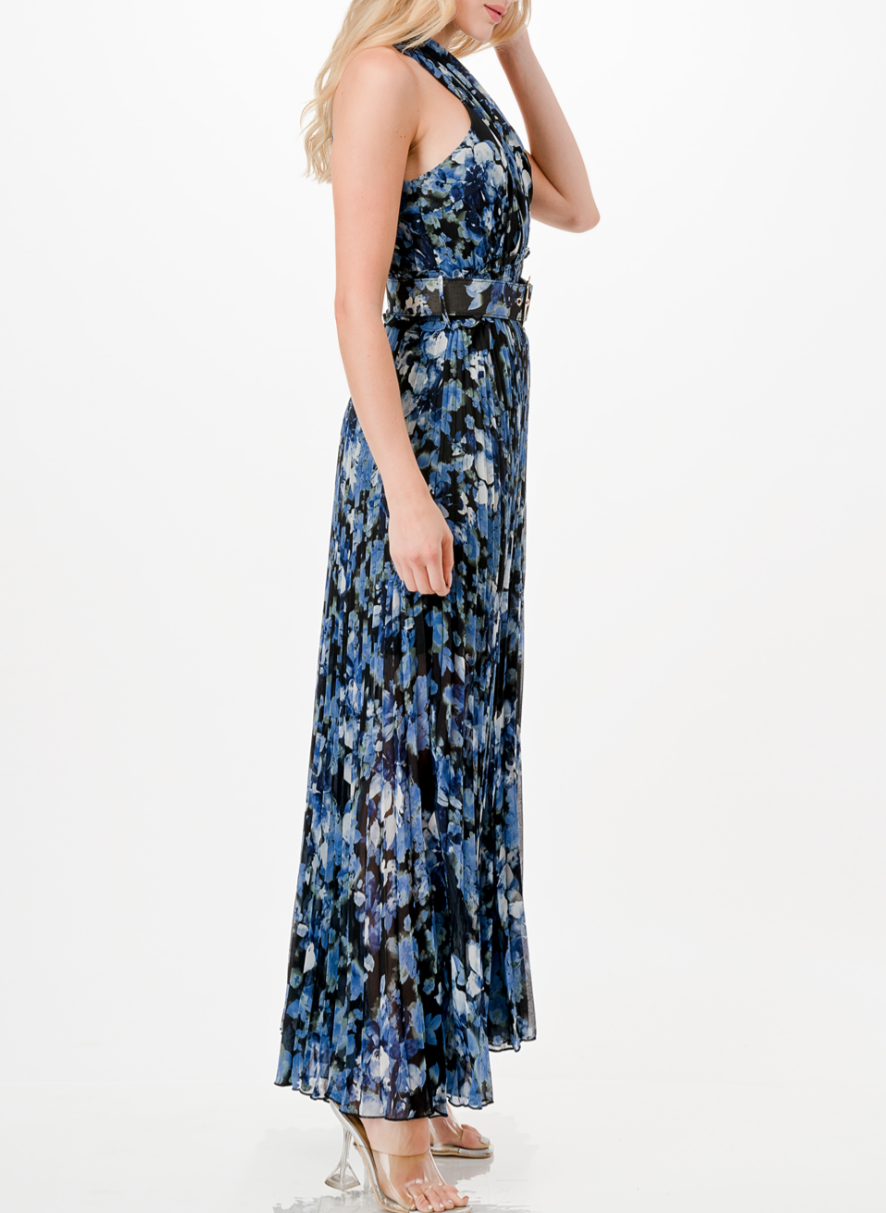 Cross Halter Floral Print Pleated Maxi Dress with Belt and Keyhole Detail, Smocked Waist