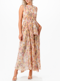 Sleeveless Floral Print Pleated Ruffle Maxi Dress with Waist Tie