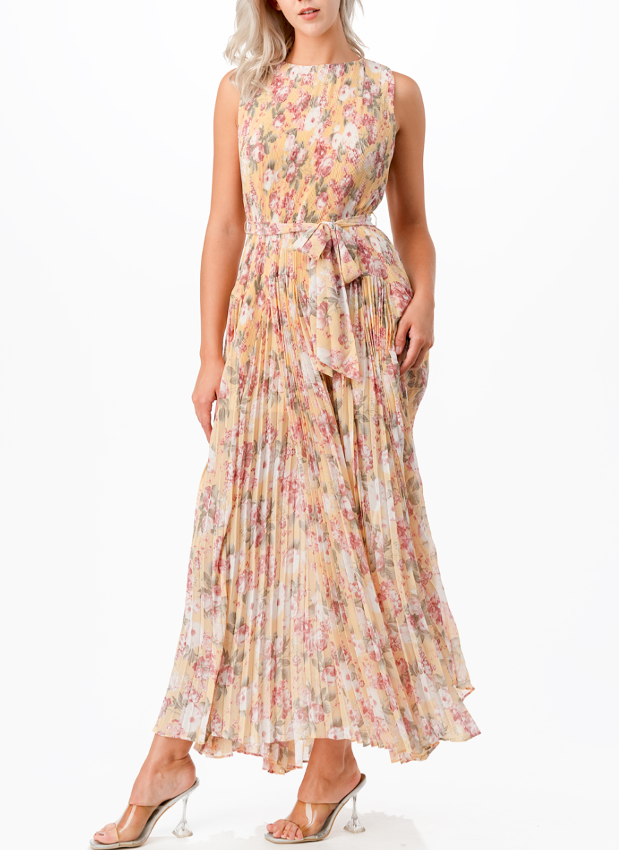 Sleeveless Floral Print Pleated Ruffle Maxi Dress with Waist Tie