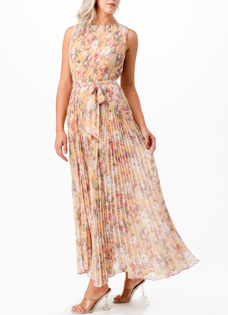 Sleeveless Floral Print Pleated Ruffle Maxi Dress with Waist Tie