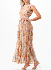 Sleeveless Floral Print Pleated Ruffle Maxi Dress with Waist Tie