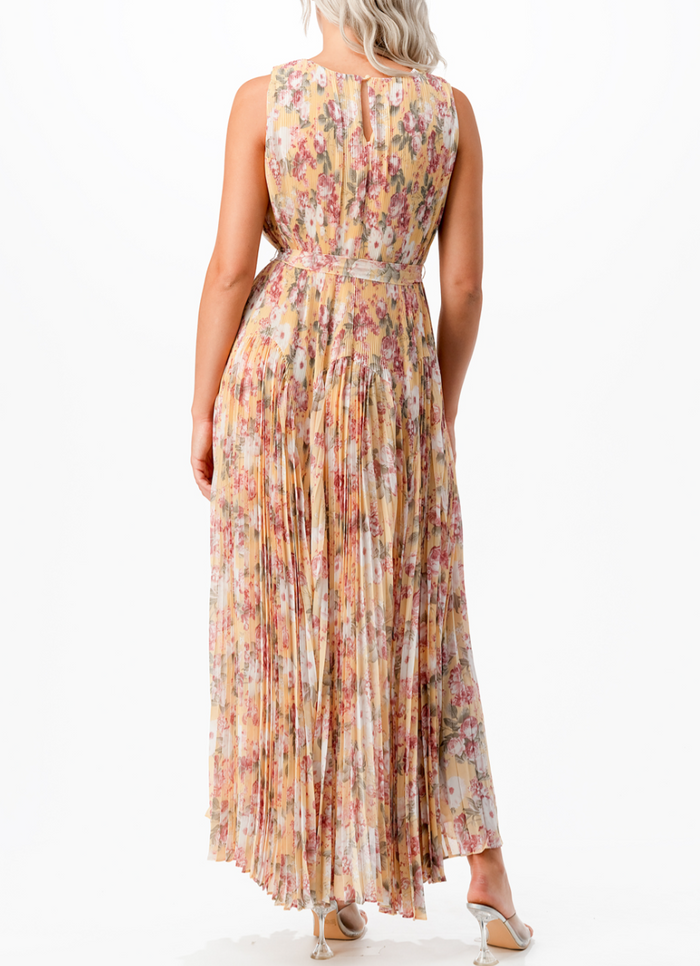 Sleeveless Floral Print Pleated Ruffle Maxi Dress with Waist Tie