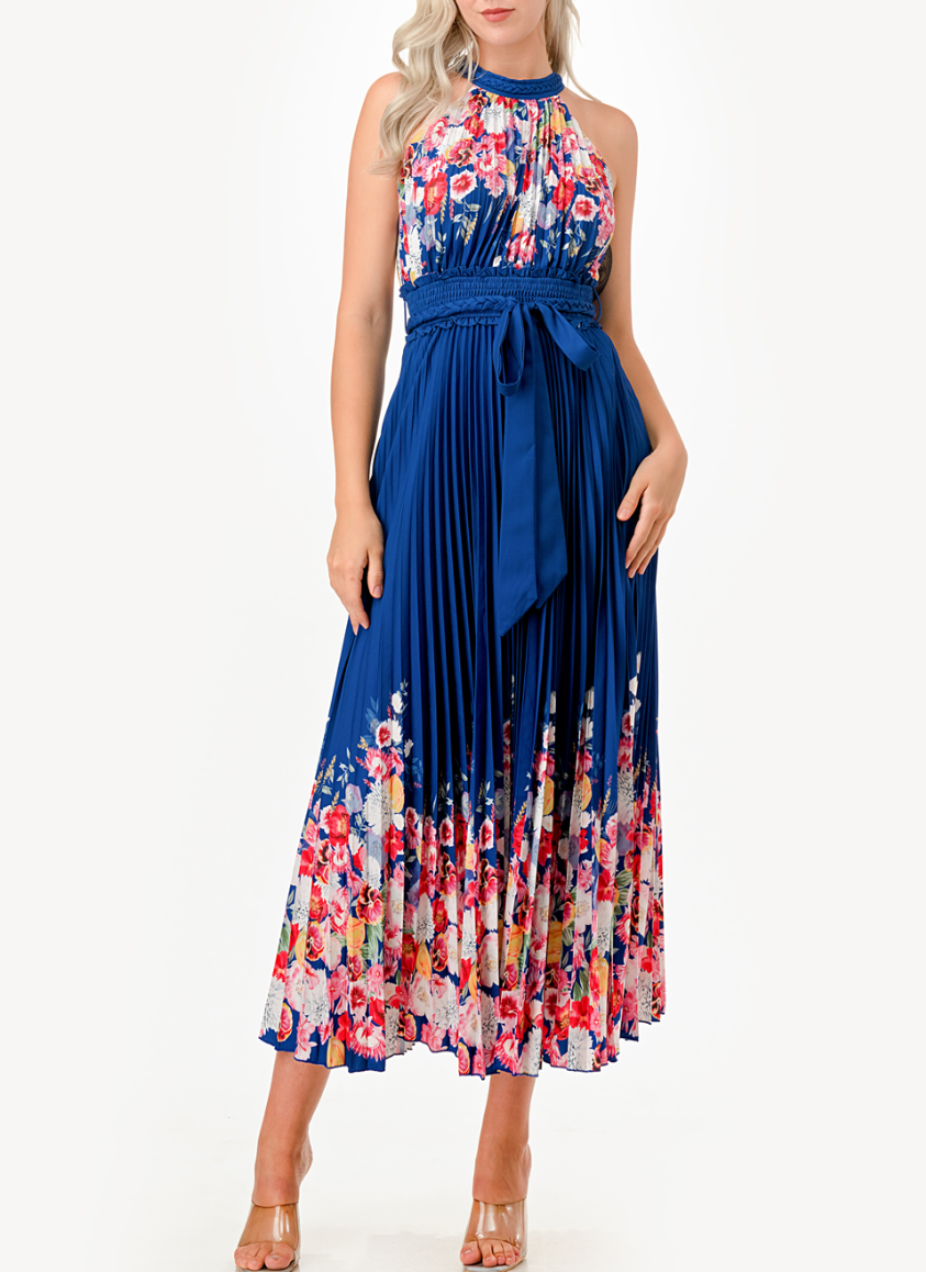 Halter Floral Print Detail Pleated Midi Dress