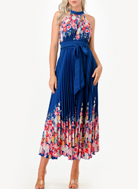 Halter Floral Print Detail Pleated Midi Dress