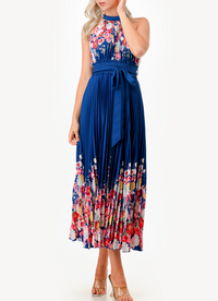 Halter Floral Print Detail Pleated Midi Dress