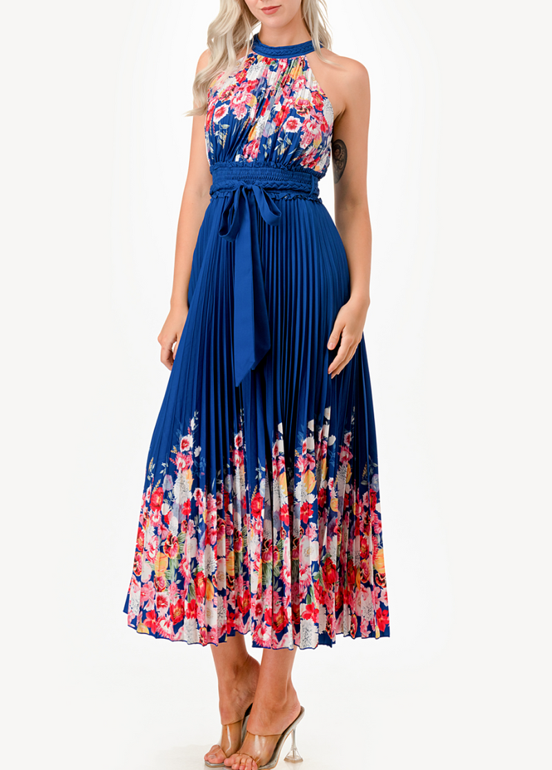 Halter Floral Print Detail Pleated Midi Dress