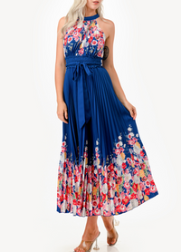 Halter Floral Print Detail Pleated Midi Dress