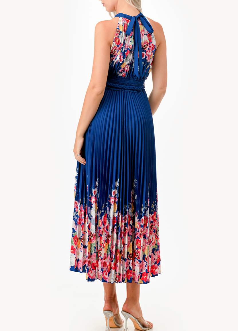 Halter Floral Print Detail Pleated Midi Dress