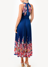 Halter Floral Print Detail Pleated Midi Dress