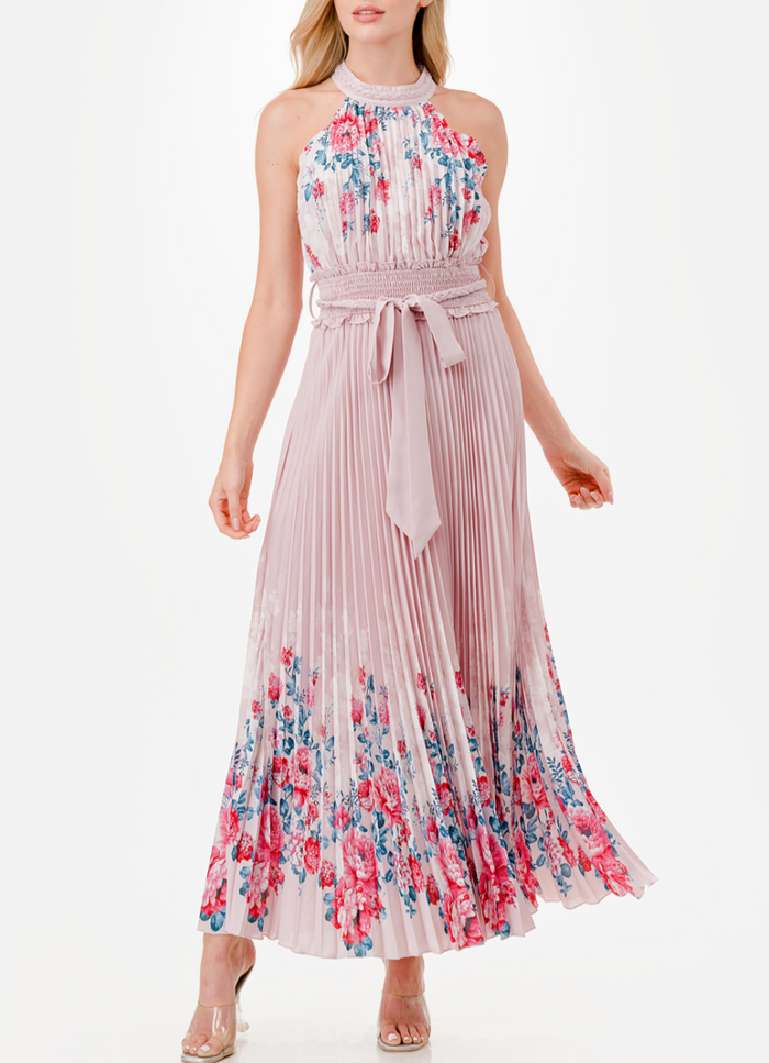 Halter Floral Print Trim Detail Pleated Maxi Dress