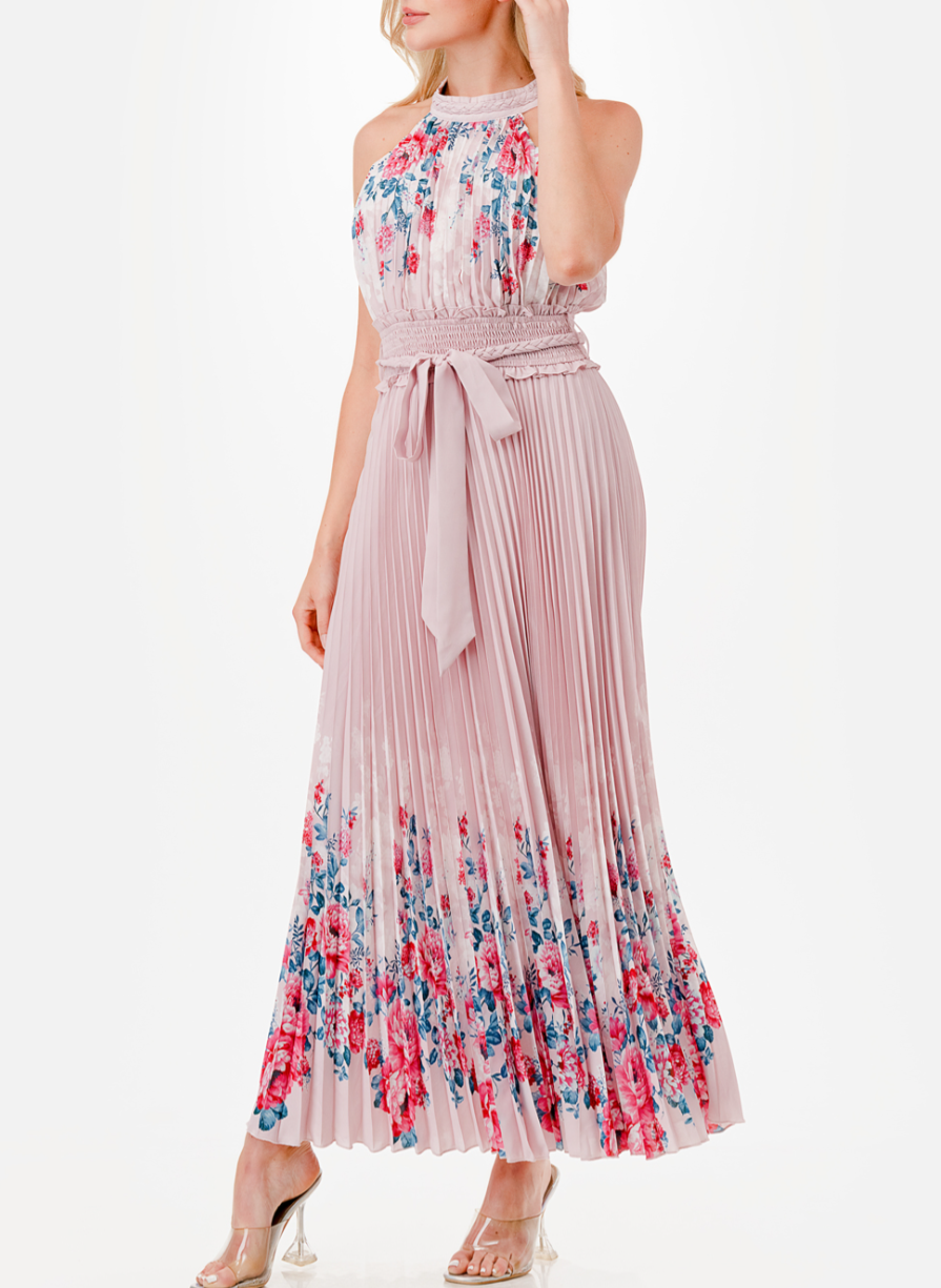 Halter Floral Print Trim Detail Pleated Maxi Dress